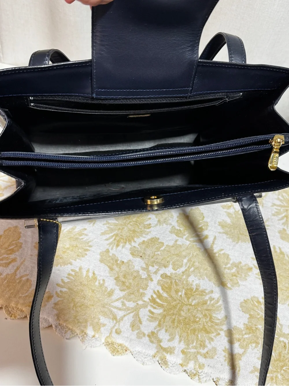 Bally Navy Leather Structured Satchel/Tote Gold Charm/Hardwares Made in Italy
